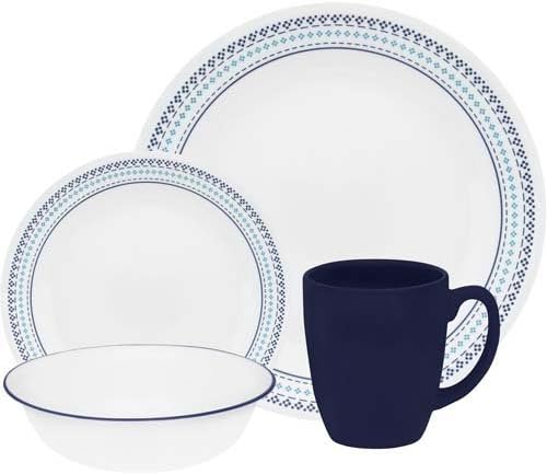 Corelle 16-Piece Vitrelle Glass Folk Stitch Chip and Break Resistant Dinner Set, Service for 4, Blue