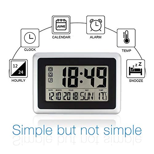 Xigeapg Large Display Digital Wall Clock,Silent Desk Shelf Clocks Battery Operated Easy to Read Nightstand Alarm Clock with No Night Light (Day Calendar Temperature) for Office Home Shower