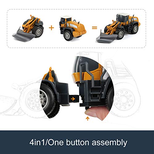 4-in-1 Take Apart Die Cast Car Toys,Construction Equipment Trucks Set with Equipment Vehicles, Builder, Roadblock, Cones and Accessories ,Pretend Engineering Game for Boys Girls Toddlers Kids