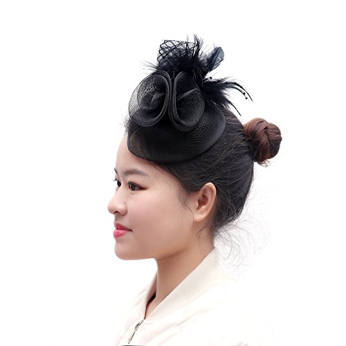 Anleolife Black Fashion Feathers Hair Clip Fascinator Cocktail Kentucky Derby Hat With Mesh Loops, Beaded For Women
