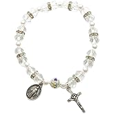 lulucross Crystal Pearl Catholic Bracelet for Women Girls, Clear Bead Stretch Rosary Style Bracelet with Crucifix & Miraculous Medal, Religious Jewelry Gift for Confirmation & First Communion