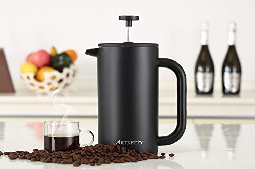 Large French Press Coffee Maker - Double Wall Coffee Kettle Insultated Stainless Steel Vacuum Coffee & Tea Pot Percolator - 34 Ounce with Extra 2pcs Screen Filters - Thumbnail 3