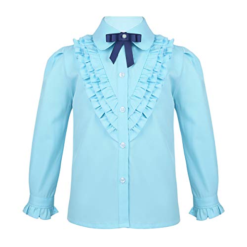 ACSUSS Kids Girls School Uniform Shirt Long Sleeves Ruffled Plain Blouse with Bow Tops Casual Wear Sky_Blue 10