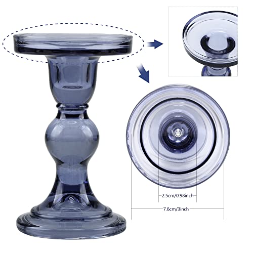 Blue Glass Candle Holder Set, QENUIITEA Set of 3 Clear Candlesticks Holders Pillar Taper Candles Tea Light Stand for Centerpieces Church Wedding Party Home Decor Dining Table