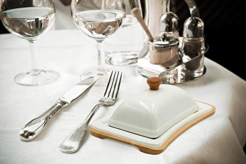 Ceramic Shabby Chic White And Bamboo Butter Dish Wide Butter Container Margarine Keeper With Lid - Thumbnail 6