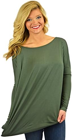 Piko Top Style Long Sleeve Womens Missy Plus Tunic Tops Loose Fit Basic Shirt (Olive Army Green, M/L)
