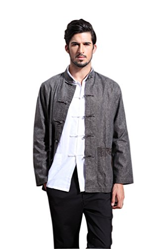 Mens Chinese Flax Feel Kung Fu Shirt Long Sleeve with Side Pockets Dark Grey