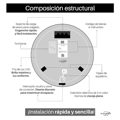 mangatta. Espejo Circular, luz LED cálida, Desde 50 hasta 120 cm de diámetro, 6 mm, Acabado en Canto Pulido, Soporte de Carga de Acero