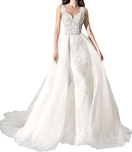 SeasonMall Women's Scoop Mermaid Wedding Dresses Tulle With Applique Court Train Detachable