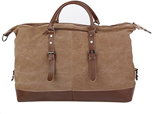 EverVictory Oversized Canvas Leather Trim Travel Tote Duffel shoulder handbag Weekend Bag (Khaki)