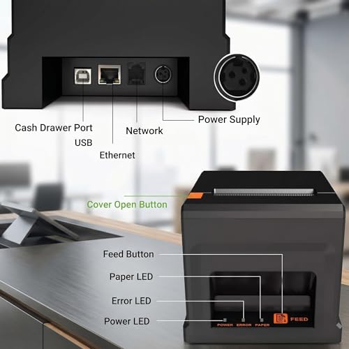 Fuhuihe 80mm Thermal POS Printer with Automatic Cutter and 5 Rolls of Paper - 300mm/s for Windows PC, USB LAN Bluetooth