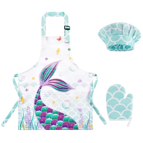 WERNNSAI Kids Apron Set for Girls Boys - Art Cooking Apron with Hat Oven Mittens