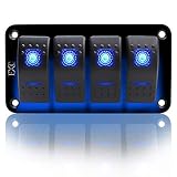 FXC Rocker Switch Aluminum Panel 4 Gang Toggle Switches Dash 5 Pin ON/Off 2 LED Backlit for Boat Car Marine Blue