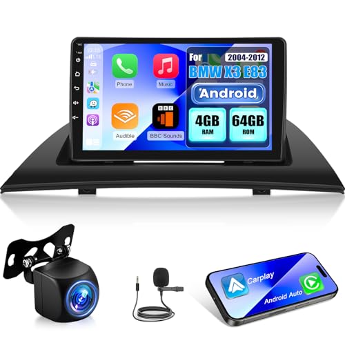NHOPEEW 4+64G Car Stereo for BMW X3 E83 2004-2012 - 9 Inch Android Stereo with Wireless Carplay and Android Auto - Mirror Link Steering Wheel Controls Split Screen+ Rear Camera and Microphone