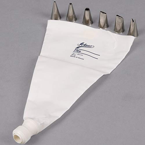 Ateco 8 Piece Cake Pastry Decorating Set - Couplers w/Plastic Coated Bag 6 Pastry Tips Decorating Tubes