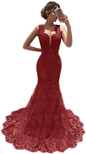 MariRobe Women's Illusion Lace Appliques Backless Long Mermald Evening Dresses