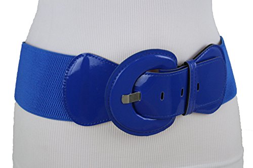 TFJ Women Fashion Elastic Wide Belt High Waist Hip Faux Patent Leather Plus M L XL Blue