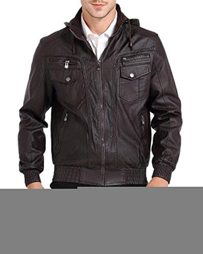 LaiGouMai Men's Motorcycle Faux-Leather Jacket with Hooded Brown 2XL