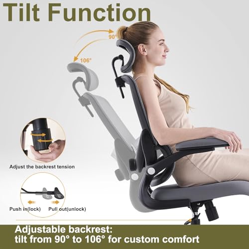 TONFARY Ergonomic Office Chair, High Back Mesh Office Chair, Adjustable Lumbar Support, Folding Armrest, Removable Headrest, Gaming Chair for Computer Swivel 150kg
