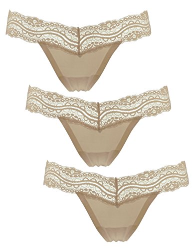 Liqqy Women's 3 Pack Low Rise Lace-waist V Thong Panties (Medium, Nude)