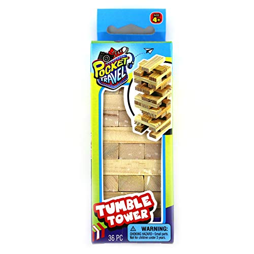 Pocket Travel 4.75" Mini Stacking Blocks Tumble Tower (6 Pack) Real Wood for Kids on The Go Fun Small Stackable Tumbling Towers with 2 GosuToys Stickers