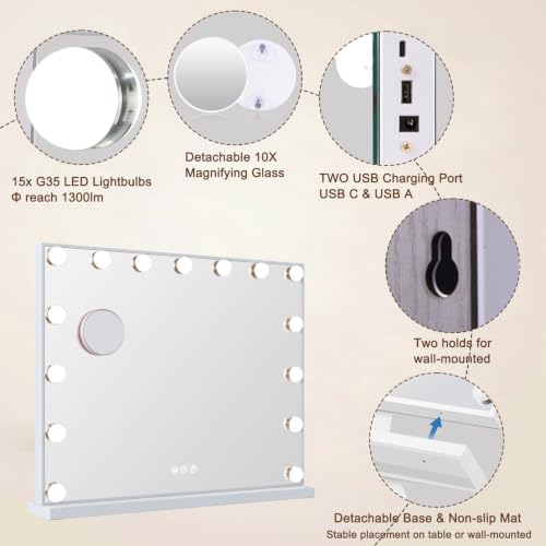 FENCHILIN Vanity Mirror with Lights, Hollywood Lighted Makeup Mirror with 15 Dimmable LED Bulbs for Dressing Room & Bedroom, Slim Metal Frame Design, White
