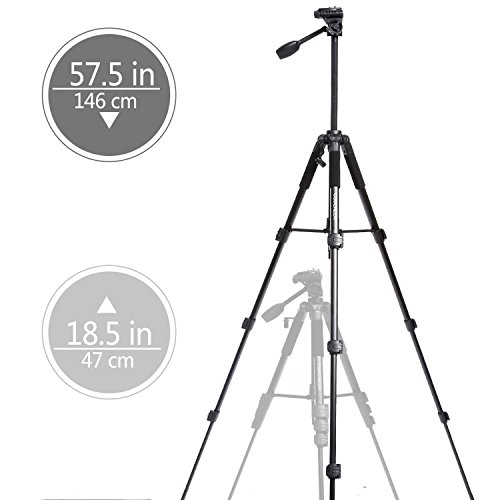 Camera Tripod,57''DSLR Aluminum Camera Tripod for Canon, Nikon, Sony, Samsung, Olympus, Panasonic & Pentax + eCost Microfiber,With 1/4" 3 Way PanHead,2 Bubble Level,57",Load up to 8.8lb, Carry Bag