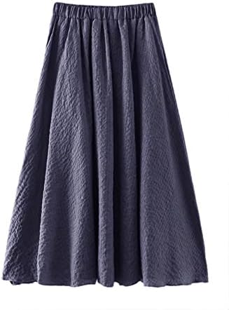 Women's Cotton Linen Maxi Long Beach High Waist Boho Elastic Waist Pleated Skirt Navy Blue One Size