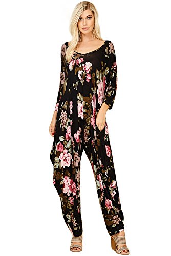Annabelle Women's Plus Size 3/4 Sleeve Comfy Harem Pocket Jumpsuit Rompers Pretty Pink and Green Floral Print X-Large J8047B