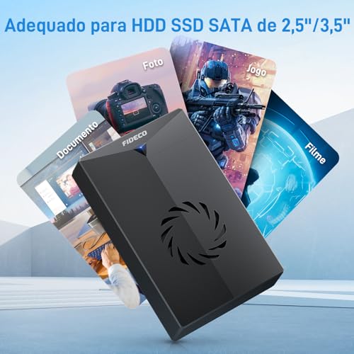 Gabinete para disco rígido externo, gabinete USB 3.0 para SATA para disco rígido SSD SATA de 3,5 ou 2,5 polegadas com ventilador, adaptador de alimentação de 12 V incluído