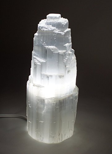 Natural Selenite Electric Lamp White with LED Bulb JIC Gem around 8" High