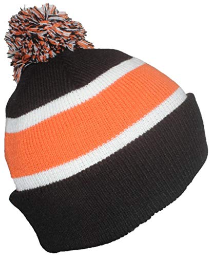 Best Winter Hats Quality Cuffed Cap with Large Pom Pom (One Size)(Fits Large Heads) - Black/Orange