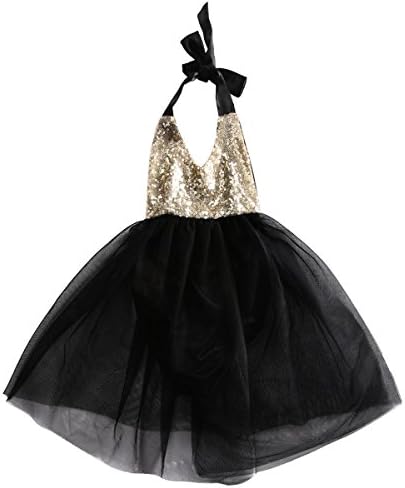 Dara Miwad Newborn Baby Flower Girls Lace Romper Sequin Tulle Dress Halter Sleeveless Tutu Dresses (0-6Months, Black)
