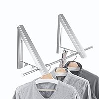 Yillsen Folding Wall Mounted Retractable Clothes Hanger, Aluminum Silver Folding Drying Coat Racks Home Storage Organiser Space Saver for Laundry Room - 2 Packs