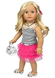 18 Inch Doll Clothes 4 Piece Skirt Set Fits 18 Inch American Girl Dolls, Includes a Gray Sequin Trim Tank, Hot Pink Tulle Skirt, Sequin Necklace, & Purse, My Doll's Life