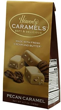 J Morgan Confections Heavenly Caramel | Pecan Flavor | 4.7 oz Bag, 4-Pack | Gourmet Soft and Chewy Butter Caramel Candies | Hand-Crafted Golden Treats