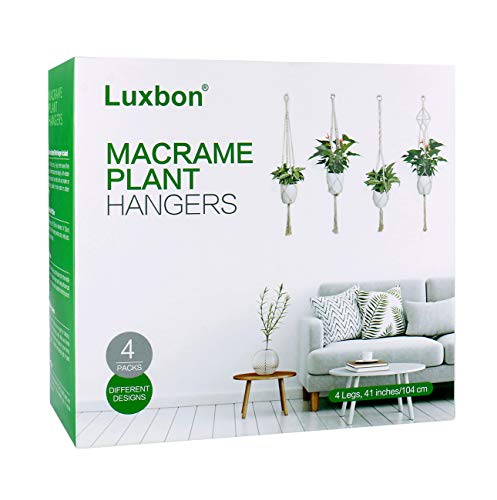 Luxbon 4Pcs Macrame Plant Hanger Handmade Woven Cotton Plant Holder Wall Hanging Planter Basket for Indoor Outdoor Garden Patio Balcony Ceiling Decorations, 4 Legs 40 Inch