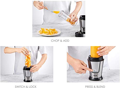 Blender Personal Smoothie Blender (BPA free), 5 in 1 Personal Kitchen Assistant with 304 Stainless Steel Blade for Blending, Grinding and Food Processing, 600ml Portable Bottle, 500W, Deik