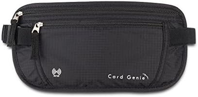 Card Genie Hidden Money Belt RFID Blocking with 2 Luggage Tags Black
