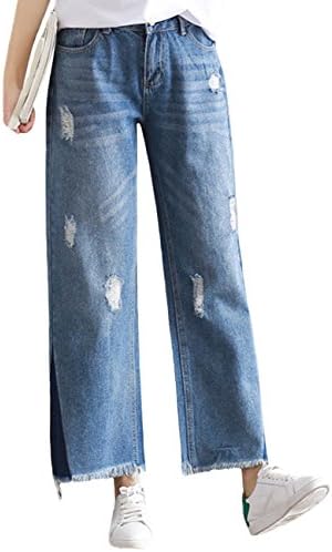 SUGIRLS Women's Casual High Waist Wide Leg Tassel Hem Denim Cropped Jeans Pants Light Blue 2XL