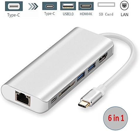 USB Type C Hub; USB Type C To HDMI, USB Type C To LAN, USB Type C To PD, USB Type C To SD Card Rearder, USB Type C To USB 3.0; For USB C port device such as MacBook / ChromeBook Pixel(Silver)