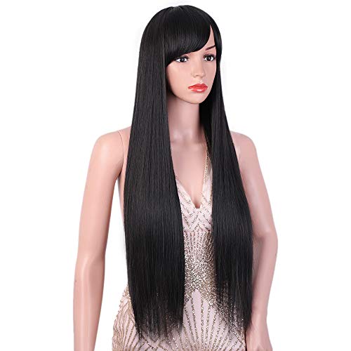 Vigorous Wigs with Bangs,Long Black Straight Wig with Bangs, Black Wig with Bangs Synthetics Cosplay Halloween