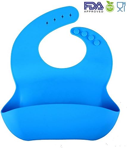 Silicon Baby Bibs FDA Approved Best Waterproof Soft Comfortable Dishwasher Safe With Food Catcher Pocket Snaps Bib (Light Blue)