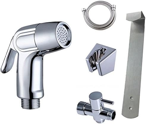 ABS Handheld Bidet Toilet Shattaf Kit Sprayer Wall Bracket w/ Brass 7/8"T-adapter Valve, 47inch Hose, Bracket Holder, Tank hook Chrome Finish