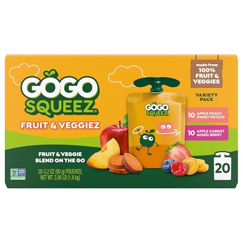 GOGO SQUEEZ FRUIT & VEGGIEZ APPLESAUCE AND PUREE VARIETY PACK, PEDAL PEACH AND BOULDER BERRY, 3.2 OZ (PACK OF 20), UNSWEETENED SNACKS FOR KIDS, BPA FREE POUCHES (PACKAGING MAY VARY)