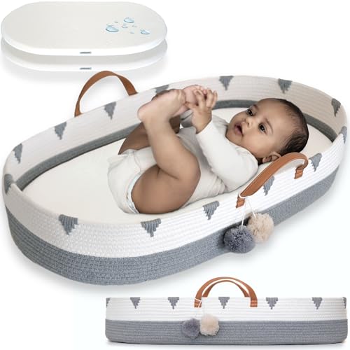 Vesta Baby Woven Cotton Rope Moses Changing Basket - Portable Infant Nursery Dresser Table Topper with Soft Foam Pad & 2 Washable Bamboo Waterproof Covers for Easy Diaper Change - Boho Gray & Beige
