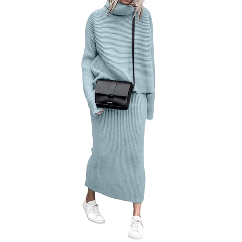 Photo 1 of chouyatou Women's Turtleneck 2 Piece Outfits Ribbed Knit Sweater Midi Pencil Skirt Set (Large, Blue)