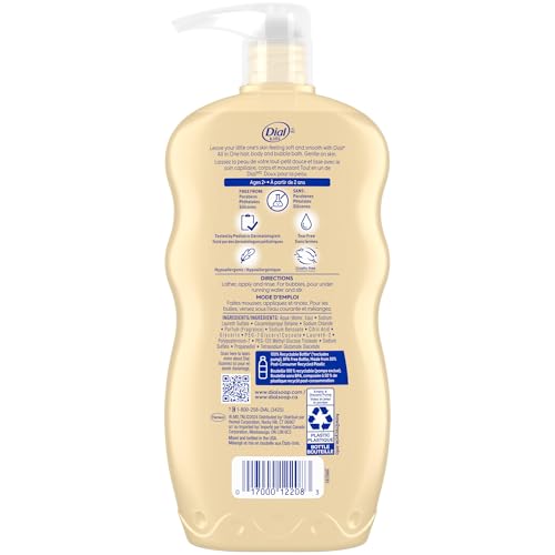 Dial Kids All-in-1 Body + Hair + Bubble Bath, Peach Scent, 32 Fl Oz, Hypoallergenic Body Wash & Shampoo, No Tears Formula for Kids 2+ Years, No Parabens & Silicones
