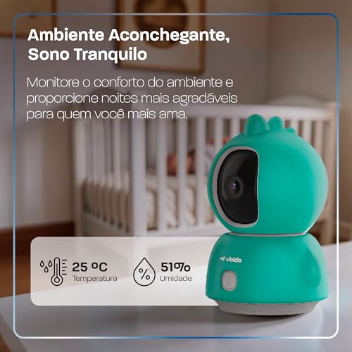 Babá Eletrônica Wi-Fi Velds, Visão Noturna, Detecção de Choro, Sensor de Temperatura, Áudio Bidirecional, Armazenamento até 256GB, Câmera Monitor de Bebê com Capinha Verde Dragão