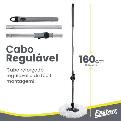 Mop Giratório 360º Fasterr FST104 Cesto em Inox 14L | Cabo Regulável até 160cm | Kit com Escova Abrasiva e Dispenser de Sabão | Limpeza Doméstica e Comercial